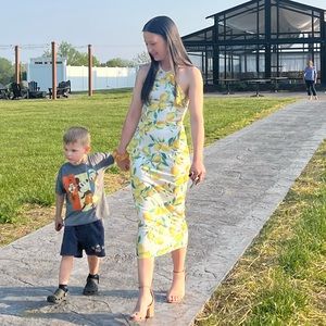 Two piece, lemon matching set midi skirt and backless top